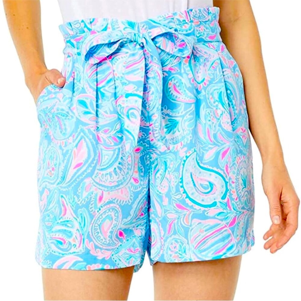 Lilly Pulitzer Kaylene Shorts Women’s S Zanzibar Blue Fish Kiss, Paper bag Waist